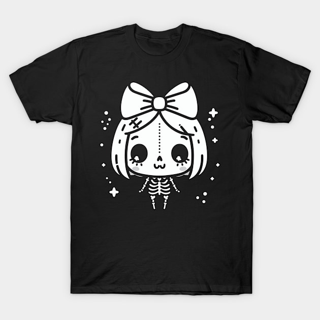 Cute Halloween Design on Skeleton Girl with a Big Bow | Cute Kawaii Ghost T-Shirt by Nora Liak